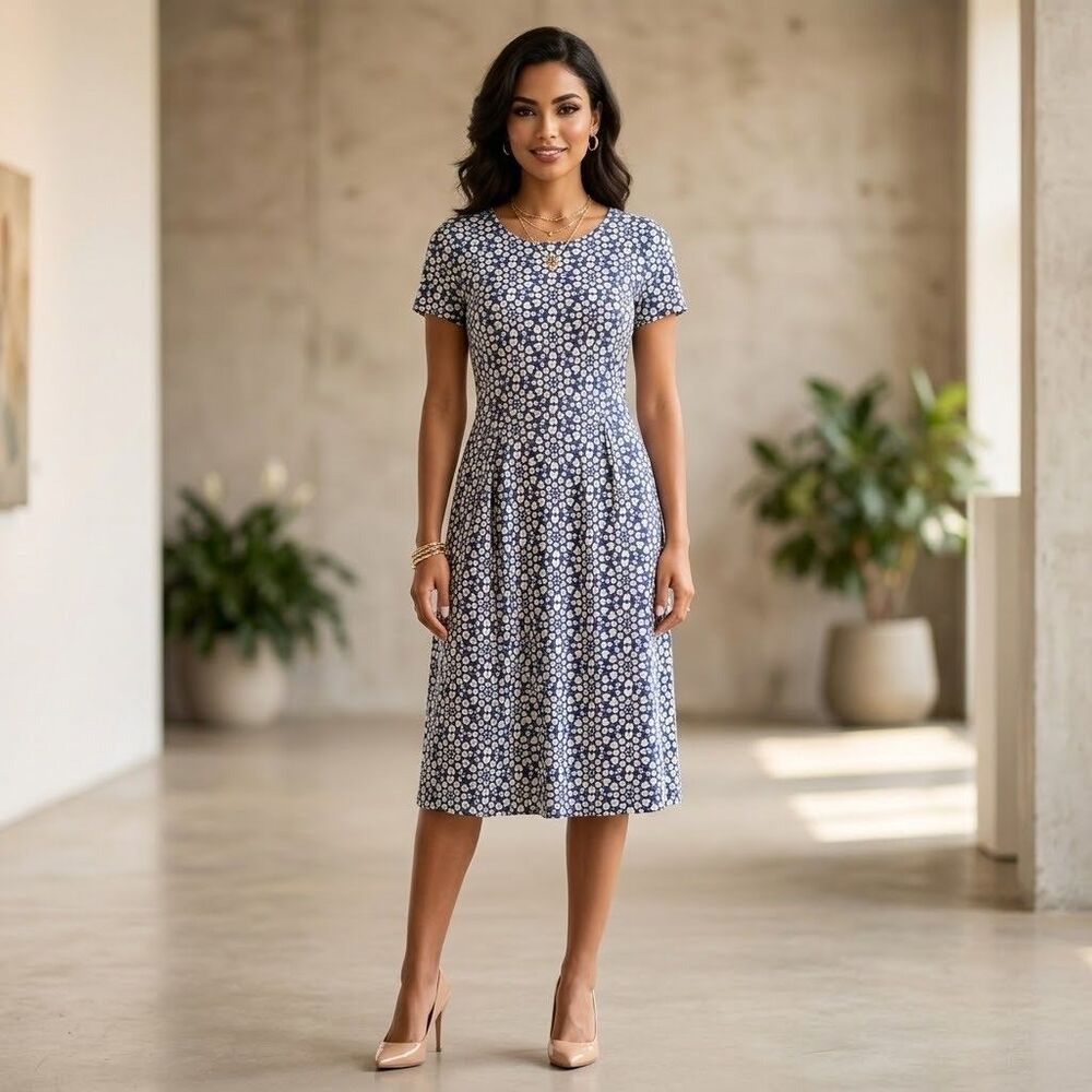 Boden Blue White Heart Print Short Sleeve Midi Dress US 10L UK 14L Preppy Casual